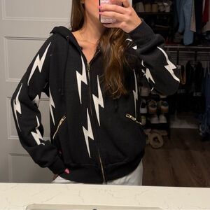 Aviator Nation Black Zip Hoodie with White Lightning Bolts